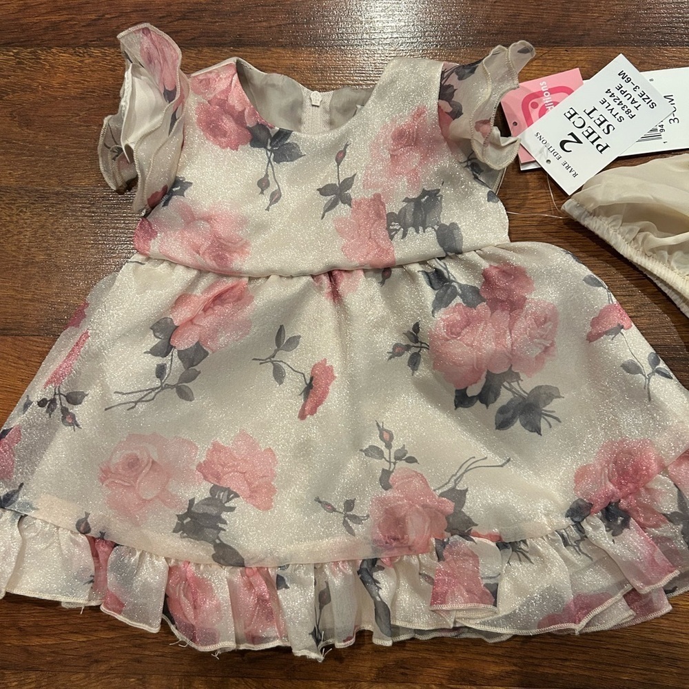Rare Editions Baby Girls Floral Dress NWT Size 3-6 Months Cream and Pink